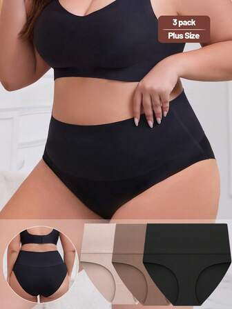 3Pcs Seamless Underwear Women Plus Size High-Waist Solid Color Panties Breathable Soft Comfortable Briefs ﻿