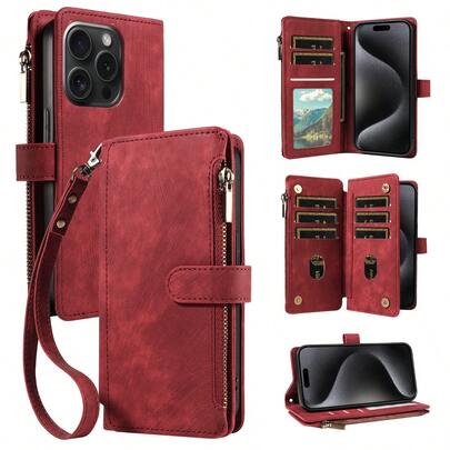 1pc Vintage Flip Wallet Case With Card Slots & Wrist Strap Protective Cover Compatible With IPhone 17 Pro Max/17 Pro/Air/17/16/15/14/13/12/11, A16 Series