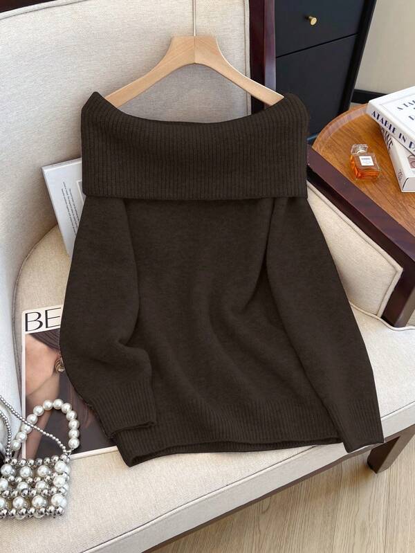 1pc Off-The-Shoulder Solid Color Sweater, Slouchy Sexy Lady Elegant Long Sleeve Pullover For Women