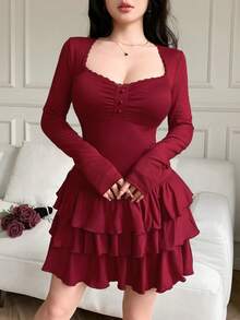 abyoxi 女士酒红色蕾丝拼接方领连衣裙，系带设计，前单排扣，后拉链，长袖收腰，多层荷叶边迷你连衣裙，内置弹力针织短裤内衬，性感复古，优雅浪漫，适合约会、派对晚宴、新年、情人节、秋冬等场合的短款连衣裙 - 酒紅色 - 查看 6