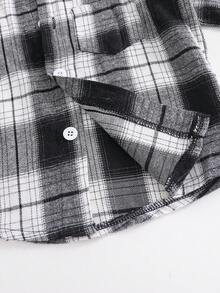 Young Boy Casual Plaid Print Patchwork Button Hooded Shirt And Sweatpants Set