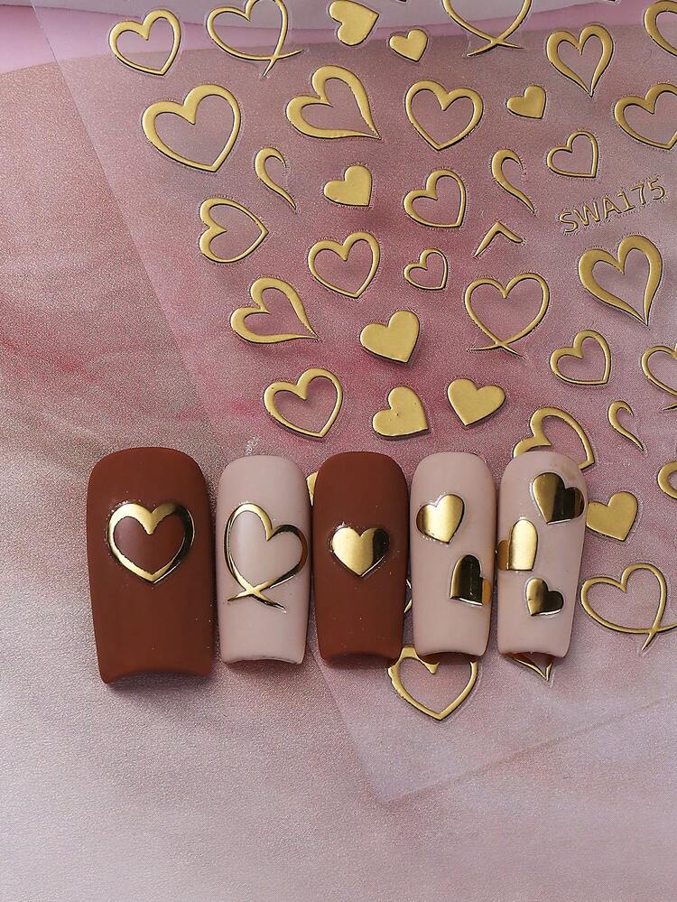 3pcs Valentine's Day Theme Red Heart Line Nail Art Stickers, Hollow Bronze Gold Silver Heart Self-Adhesive Nail Decals, DIY Valentine's Nail Stickers, Nail Art Decorations, Suitable For Women & Girls Nails Nail Supplies - Multicolor - View 5