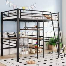 High Bed, 90*200cm, Without Mattress, Bed With Desk, Multiple Shelves, Railing, Ladder, Iron Frame, Black - 黑色+金屬+90cm*200cm - 查看 11