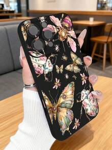 1 pieza Funda de teléfono con diseño de mariposas y escarabajos decorados con flores y piedras preciosas, estilo artístico surrealista ideal para amantes de la naturaleza y el arte creativo, protección elevada para lente con diseño de ojo, resistente a golpes, compatible con iPhone17 ProMax/16/15/14/13/12/11/Plus/Pro/ProMax, compatible con Galaxy A34/A35/A54/A55, Galaxy S20/S21/S22/S23/S24/S25 Ultra/Plus, compatible con Galaxy/Redmi/Honor/OPPO/ViVo - Negro - Ver 5