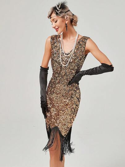 1920s Flapper Dresses For Women V Neck Beaded Fringed Sleeveless Roaring 20s Cocktail Gatsby Costume