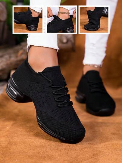 女士休闲鞋，足弓支撑舞蹈鞋。透气简约系带舒适训练鞋，软底条纹设计，四季皆宜爵士现代舞训练鞋，系带装饰方块舞休闲鞋，纯色运动鞋