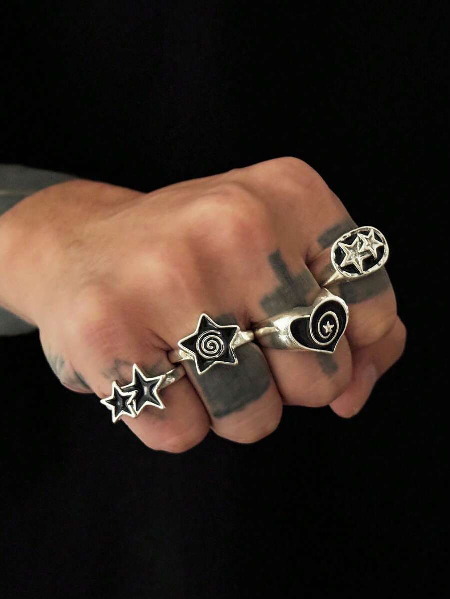4pcs/Set Fashionable Punk Style Spiral Star & Heart Rings Set, Casual Everyday Wear For Men