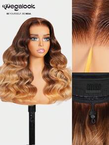 MEGALOOK 20英寸金色渐变挑染棕色发根自然波浪假发，100%真人发 - 预剪裁6x5蕾丝无胶假发，带抽绳帽，无需胶水即可佩戴，透明蕾丝假发，预先拔毛的自然发际线，挑染发色假发 - 彩色 - 查看 3