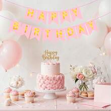 1个鱼尾生日快乐拉旗，派对拉旗横幅装饰，生日派对装饰，嘉年华节日圣诞节新年户外花园悬挂三角旗 - 粉紅燙金 - 查看 5