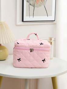 This Cute Large-Capacity Cosmetic Bag Features An Embroidered Bow, Serving As Both A Portable Travel Organizer And A Toiletry Bag, Perfect For Storing Makeup, Skincare Products, Toiletries, And Makeup Brushes. It Is An Ideal Choice For Autumn, Winter, And The Christmas Season.,Pouch,Makeup Pouch,Travel Essential - Multicolor - View 4