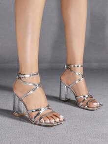 Giày cao gót mũi vuông màu bạc thời trang dự tiệc tối giản thoải mái đa năng cho nữ - Bạc - Xem 4