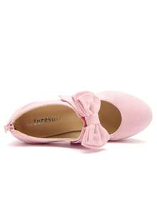 MAIERNISI JESSI Womens Bow Heels Mary Jane Shoes Round Toe Platform Chunky High Heel Vintage Dress Pumps - 粉紅色絨面 - 查看 6