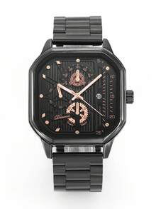 Pink Dial Gold Steel Band Square Quartz Watch, Multifunctional Fashion Wristwatch For Men And Women - one-size - View 10