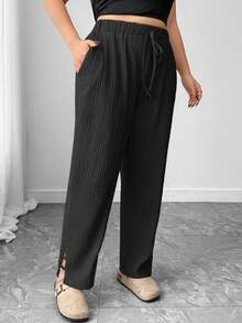 1 pieza Pantalón lápiz de ajuste suelto con diseño de abertura y cordón elástico para mujer talla grande, adecuado para salidas casuales, al aire libre, yoga, fitness, trotar, senderismo, ciclismo, de unicolor y estilo básico, para todas las estaciones - Negro - Ver 3