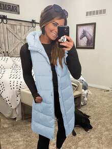 Women's Long Sleeveless Hooded Puffer Vest - Warm Insulated | Hooded Design, Double Closure (Zipper + Buttons), Side Split Zipper, Hand Pockets, Quilted Fabric - New Year Daily & Outdoor Outings, Fall Winter Layering Wear - 藍色 - 查看 5