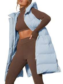 Women's Long Sleeveless Hooded Puffer Vest - Warm Insulated | Hooded Design, Double Closure (Zipper + Buttons), Side Split Zipper, Hand Pockets, Quilted Fabric - New Year Daily & Outdoor Outings, Fall Winter Layering Wear - 藍色 - 查看 2