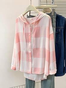 Camisa con capucha de manga larga a cuadros casual para mujer, con botones delanteros, adecuada para otoño, invierno, primavera, escuela, fiesta, rosa - Rosa - Ver 3