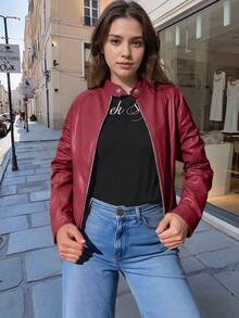 Giolshon 女士秋冬 PU 皮革夹克，街头风格设计，带拉链口袋，适合城市通勤和旅行，兼具时尚与实用性。 - 紅色 - 查看 4