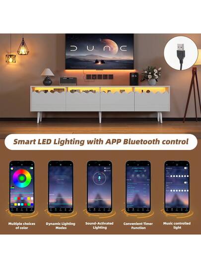 TV Cabinet 176x38x45 Cm, LED Lighting, Drawers, Cabinets, Large Storage Space, Living Room Furniture, TVs Up To 75 Inches view 2