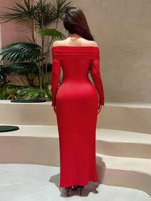 WOWDARK Summer Dress, Fashionable Elegant Off-Shoulder Mesh Hollow Out Slim Fit Dress, Suitable ForDates, Gatherings, Parties, Travel, Vacation, Beach - 紅色 - 查看 11