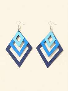 1 Pair Wooden 3-Piece Ombre Rhombus Combination Earrings For Women, Oversized Exaggerated Drop Earrings, Vintage & Unique - Blue - View 2
