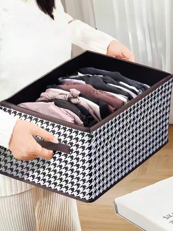 5pcs/3pcs/2pcs/1pc Chic Houndstooth Foldable Clothes Organizer With Handles - Versatile, Non-Woven Fabric Storage Container For Women's Fashion Laundry Bag Laundry Storage Garment Bag Waterproof Bag Storage Bags Clothes Storage Clothes Bag Storage For Clothes Travel Essentials Travel Organizer