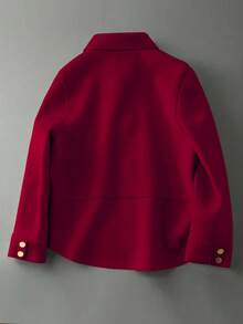 时尚简约女士翻领单排扣高品质短款羊毛大衣，休闲宽松纯色长袖复古优雅风格，搭配时尚单品，女士冬季羊毛大衣 - 酒紅色 - 查看 6