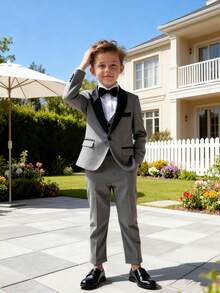 3pcs Boys Suit Set, New Flower Boy Wedding Formal Outfit, Performance Wear For Toddler, Little & Big Kids, Includes Blazer, Pants, Bow Tie - Grey - View 8