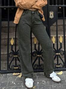 女士休闲浅蓝色直筒牛仔裤，带口袋，无弹力面料，适合日常穿着 - 藏蓝色 - 查看 5