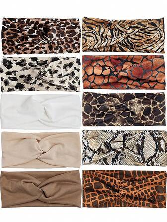 10pcs Elegant Solid Color & Animal Print Headbands, Soft Non-Slip, Comfortable Elastic Headbands For Women, Adjustable Design Fits Most Head Sizes, For Daily Wear And Party Women Hair Accessories Fashion Hair Bands Elegant Head Wrap