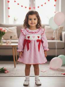 Little Toddler Girls Valentine's Day Dress Long Sleeve Ruffled Round Neck Heart Embroidery Bownot Plaid A-Line Dress - 紅色 - 查看 3