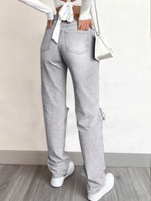 NVFelix Women's Distressed Straight Leg Jeans, Vintage Casual Outdoor Style, Light Gray For Winter, Suitable For Thanksgiving And New Year - Light Grey - View 11