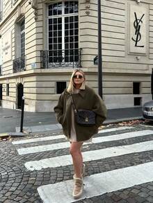 Áo khoác len pha trộn đa năng màu kaki trơn, túi cài nút phía trước dành cho nữ, có túi, thanh lịch và đa năng, phù hợp để mặc hàng ngày và dạo phố thời trang vào mùa thu/đông, công sở, thường ngày và mặc ở trường học - xanh quân đội - Xem 4