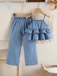 2件套女童休闲Y2K复古风荷叶边吊带背心和破洞牛仔裤套装，适合公园、旅行、海滩、生日派对、街头摄影、春夏穿着。 - 中等水洗藍 - 查看 3