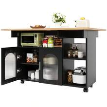 Kitchen Island, Modern Kitchen Island, Kitchen Cabinet, Serving Cart, Buffet Cabinet, Dining Cart With Wood Grain, Buffet Cabinet, Multifunctional Dining Table With Storage Space, Black - Black + Natural + Glass + MDF - View 5