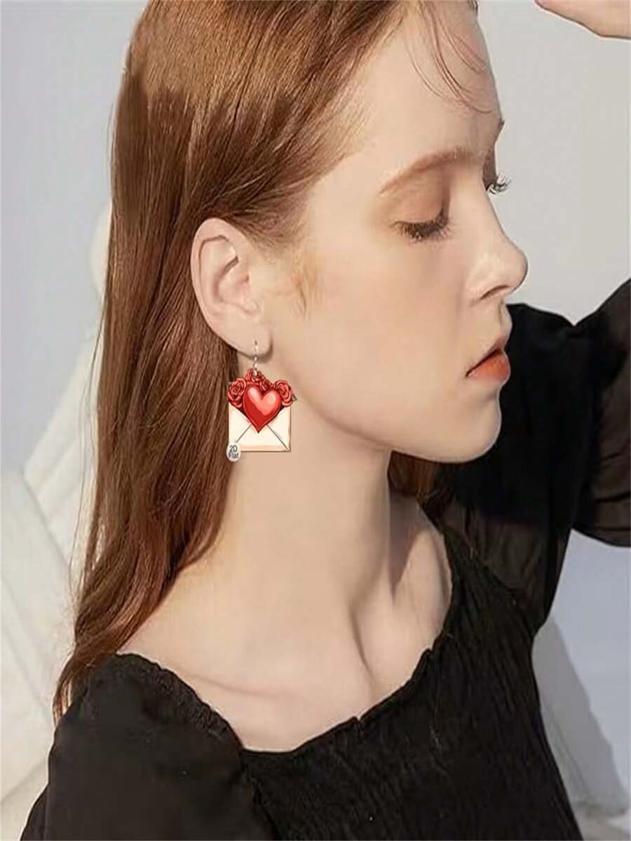 Acrylic Earrings With A Pair Of Red Valentine's Day Roses And A Love Letter Motif, The Ideal Romantic Gift For A Woman On Valentine's Day. - Multicolor - View 1
