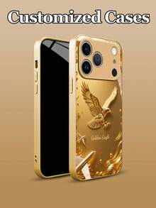 1pc Customizable Personalized Text With Luxury Gold Eagle Design Tempered Glass Phone Case, Compatible With Iphone 17 Pro Max/17 Air/16 Plus/15/17/13/12/11/XS Max/6 7 8 Plus, S25 Edge/S20/24 Plus/S23 FE/S21 Ultra, Fashion High-Definition Printing, Decorated With Gorgeous Gold Floral Pattern And Gold Aircraft Element, Best Gift For Friends, Classmates, Girlfriends, Brothers, Family - Gold - View 2