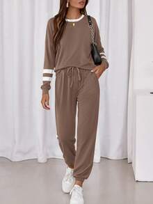 PRETTYGARDEN Women Fall 2 Piece Lounge Outfit Long Sleeve Tops High Waisted Jogger Pants Set Spring Travel Clothes Tracksuit New Years Valentine Vacation Outfit For Women - 深卡其 - 查看 3