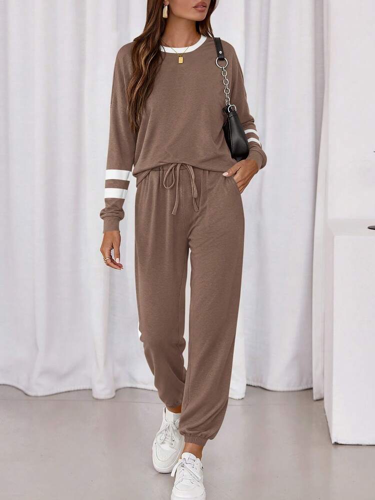 Women Fall 2 Piece Lounge Outfit Long Sleeve Tops High Waisted Jogger Pants Set Spring Travel Clothes Tracksuit New Years Valentine Vacation Outfit For Women - Kaki sẫm màu - Xem 3