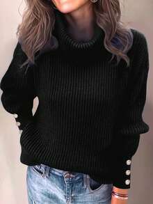 Women's Loose High Neck Sweater, Casual & Formal Ribbed Knit Button Up Long Sleeve Pullover Black - Black - View 4