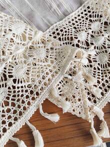 1Pc,Japanese-Style Vintage Striped Sheer Adjustable Lift Curtains With Crochet Lace Trim,Beige Linen-Look Semi-Transparent Tassel Pendants Short Curtains For Kitchen Home Room Dining Room - Beige - View 10