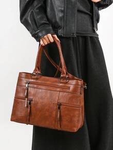 1pc Women's Solid Color Retro Handbag, Large Capacity Tote Bag With Multiple Zipper Pockets, Waterproof PU Dual Top Handle Portable Outdoor Casual Business Versatile Shoulder Bag, Stitched Anti-Theft Crossbody Bag - Brown - View 8