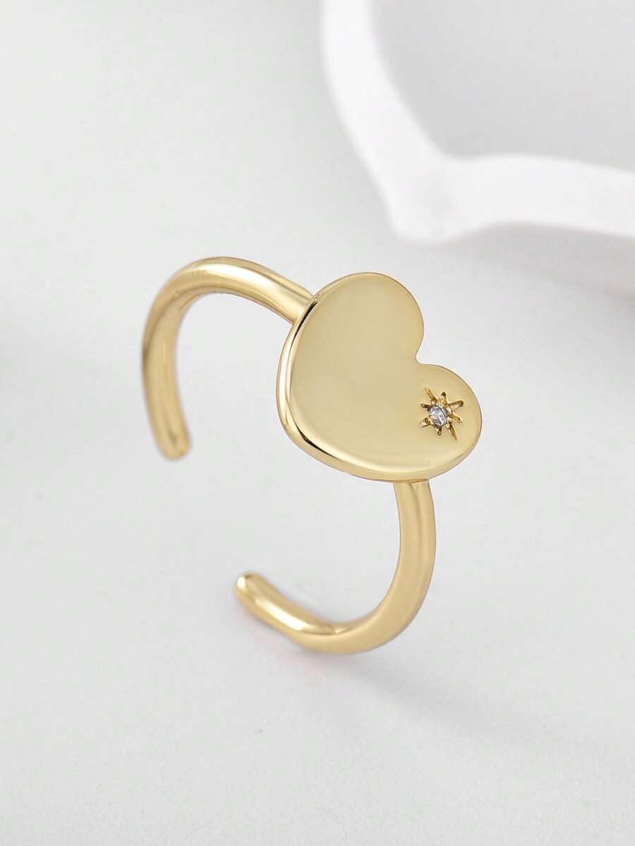 Charm-In 1 pieza Anillo ajustable de oro de 18 quilates chapado en latón con forma de corazón, geométrico y de cachorro con circonita cúbica, regalo para el Día de San Valentín, Día de la Madre - Dorado - Ver 1
