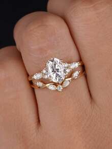 ESBERRY 2件套 925纯银 华丽闪亮十字椭圆锆石套装 女士结婚戒指 情人节礼物 订婚新娘首饰 - 橢圓鋯石套戒 - 查看 2