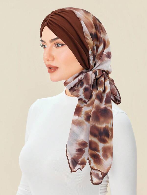 1pc European And American New Floral Pleated Headband, Fashionable Printed Chiffon Long Tail Headscarf Hat For Women Bonnet For Women