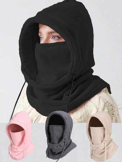 女士黑色羊毛拉法帽，防晒骑行帽冬季抽绳拉法帽防风滑雪面罩纯色骑行颈部保护户外防寒面罩带帽围巾男女通用