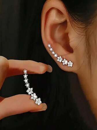 1 par/2 piezas Pendientes trepadores de plata de ley 925 exquisitos para mujer, pendientes de boda nupcial con chispeante zirconia sintética, joyas de pendientes de botón brillantes