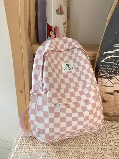 1pc Fashionable Multi-Function Bicolor Plaid Nylon Backpack, Waterproof Minimalist Schoolbag With Large Capacity, Suitable For Teens, Boys & Girls, Casual Travel