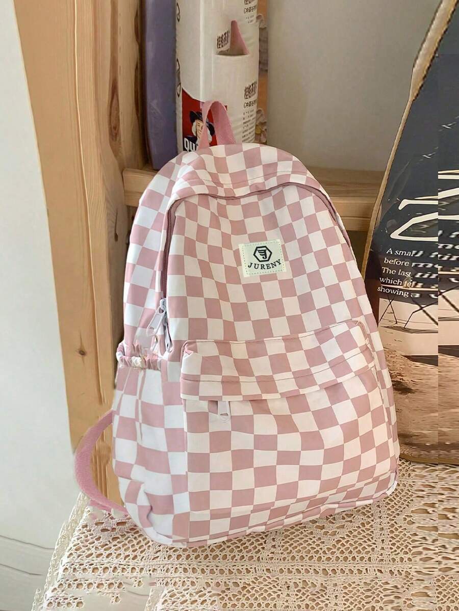 1pc Fashionable Multi-Function Bicolor Plaid Nylon Backpack, Waterproof Minimalist Schoolbag With Large Capacity, Suitable For Teens, Boys & Girls, Casual Travel