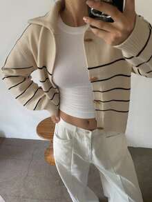 DAZY Contrast Color Striped High Neck Long Sleeve Loose Cardigan With Horn Buttons For Women,Fall Women Clothes - Apricot - View 2
